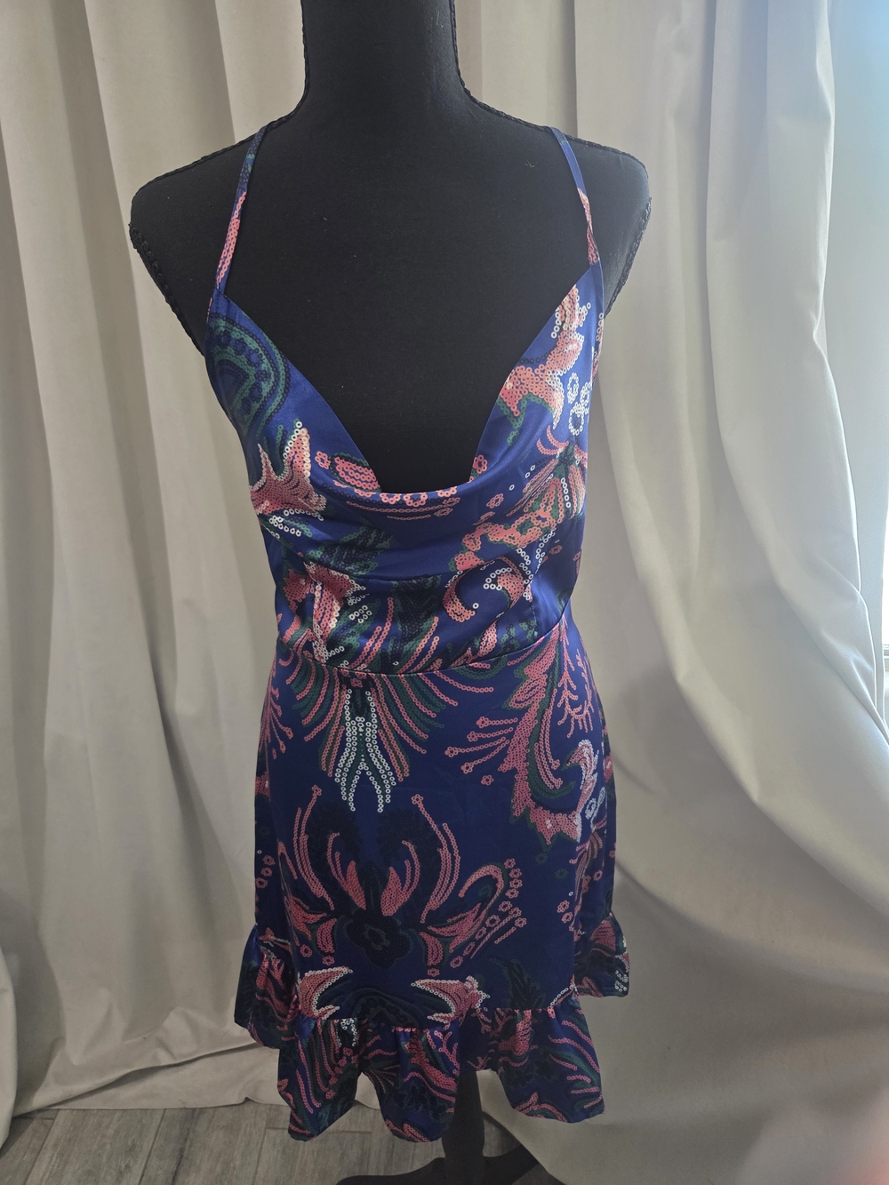 Navy Floral Slip Dress with Pink & Green Pattern
